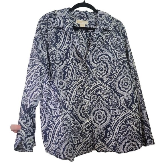 Michael Kors Women's Navy Paisley Print 100% Cotton Office Blouse Size 2X - Picture 1 of 12